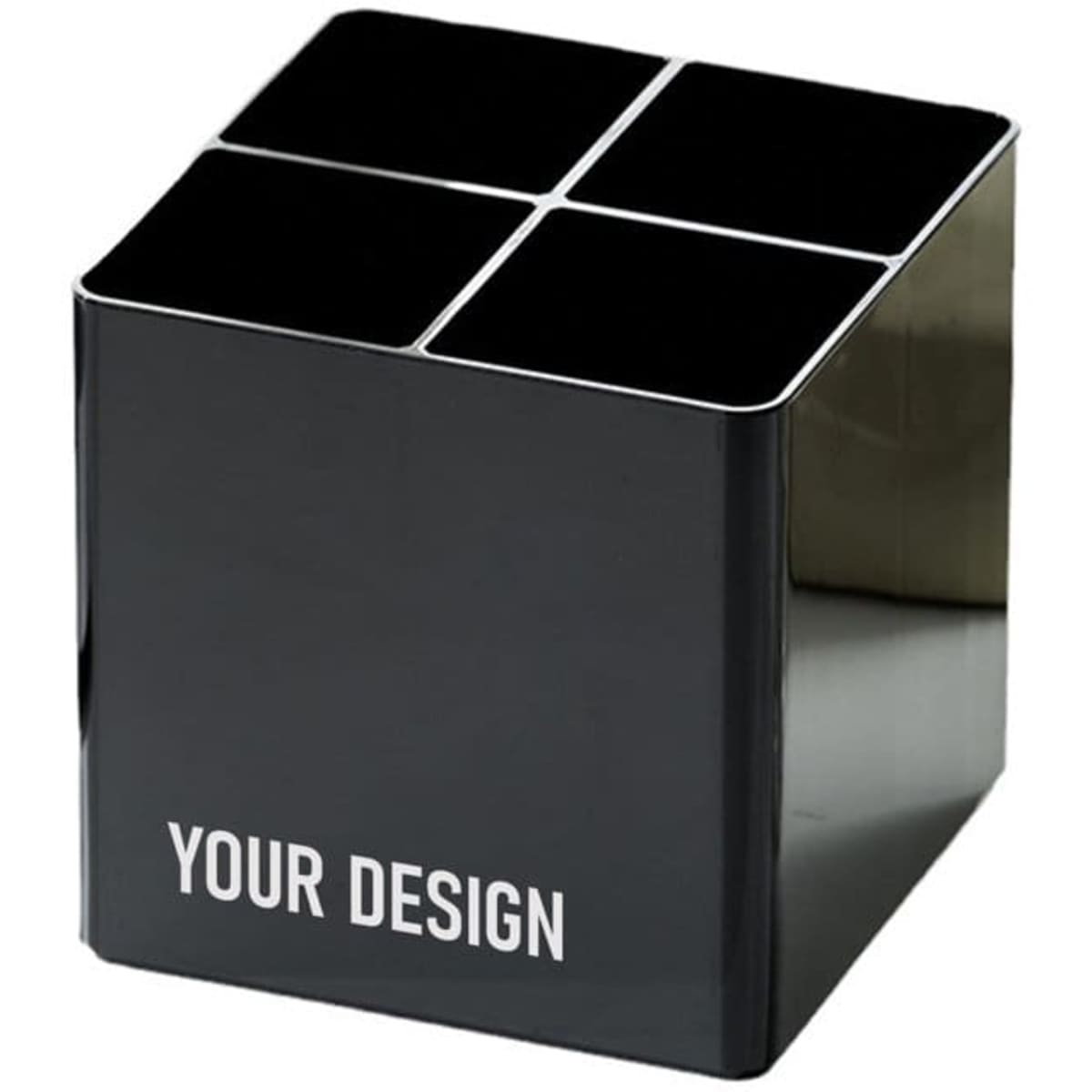 A black makeup brush holder organiser with a glossy finish and four compartments for storage.