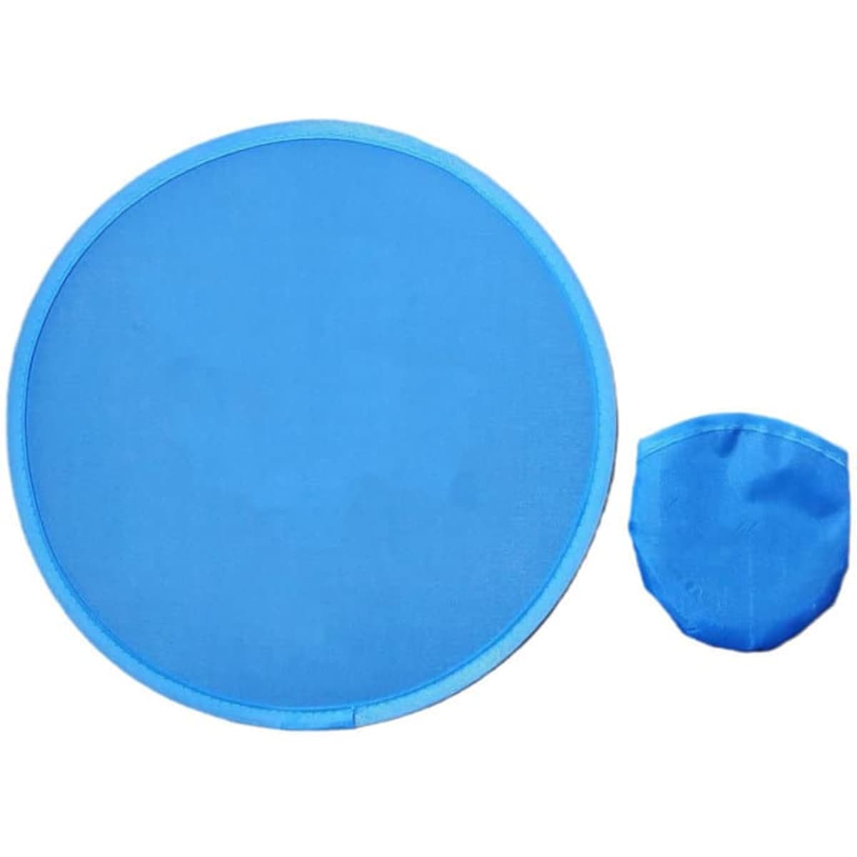 A blue foldable flying disc fan and a smaller matching pouch. The disc features a simple design with a logo.