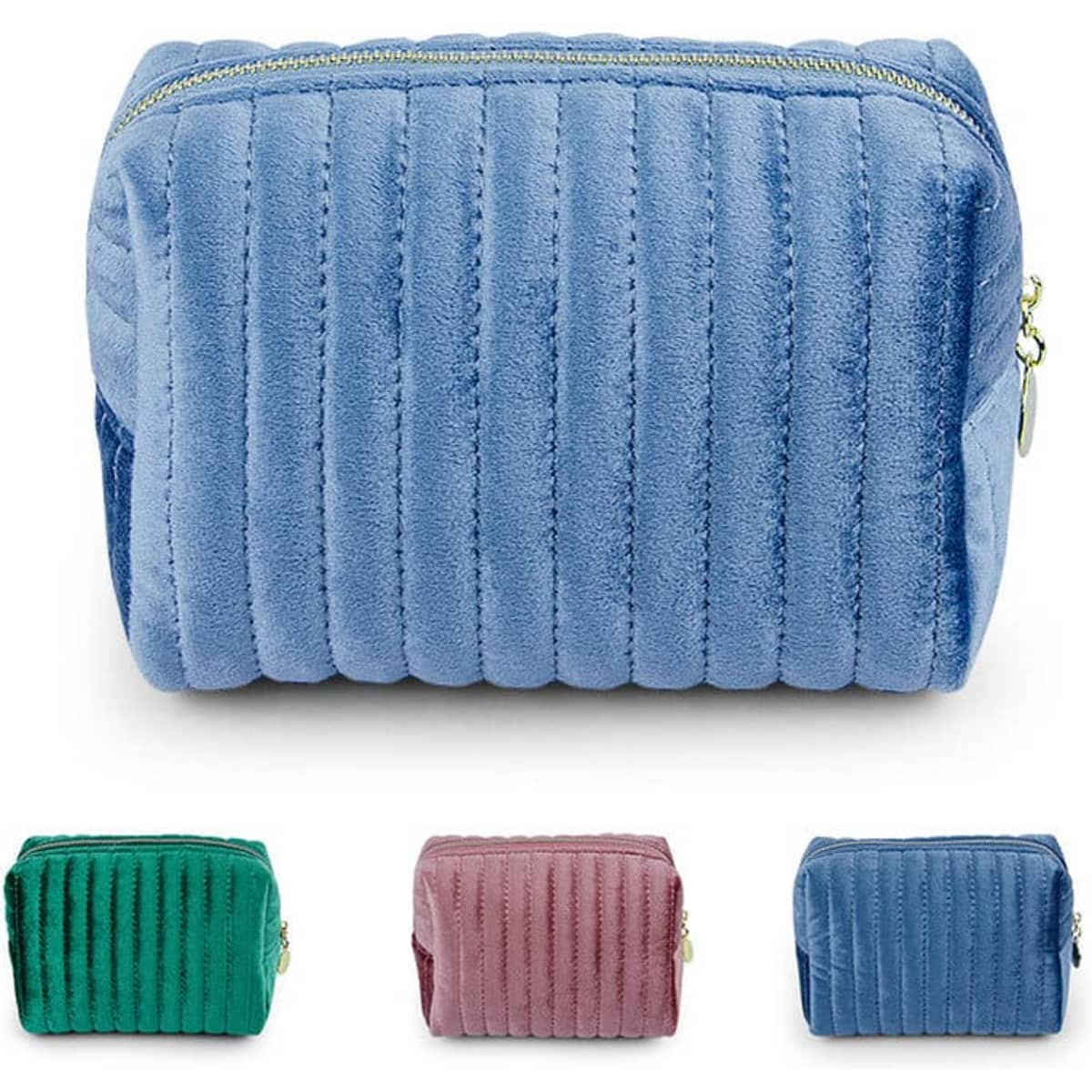 A plush, quilted makeup bag in light blue with a zipper, featuring options in green, pink, and darker blue below.