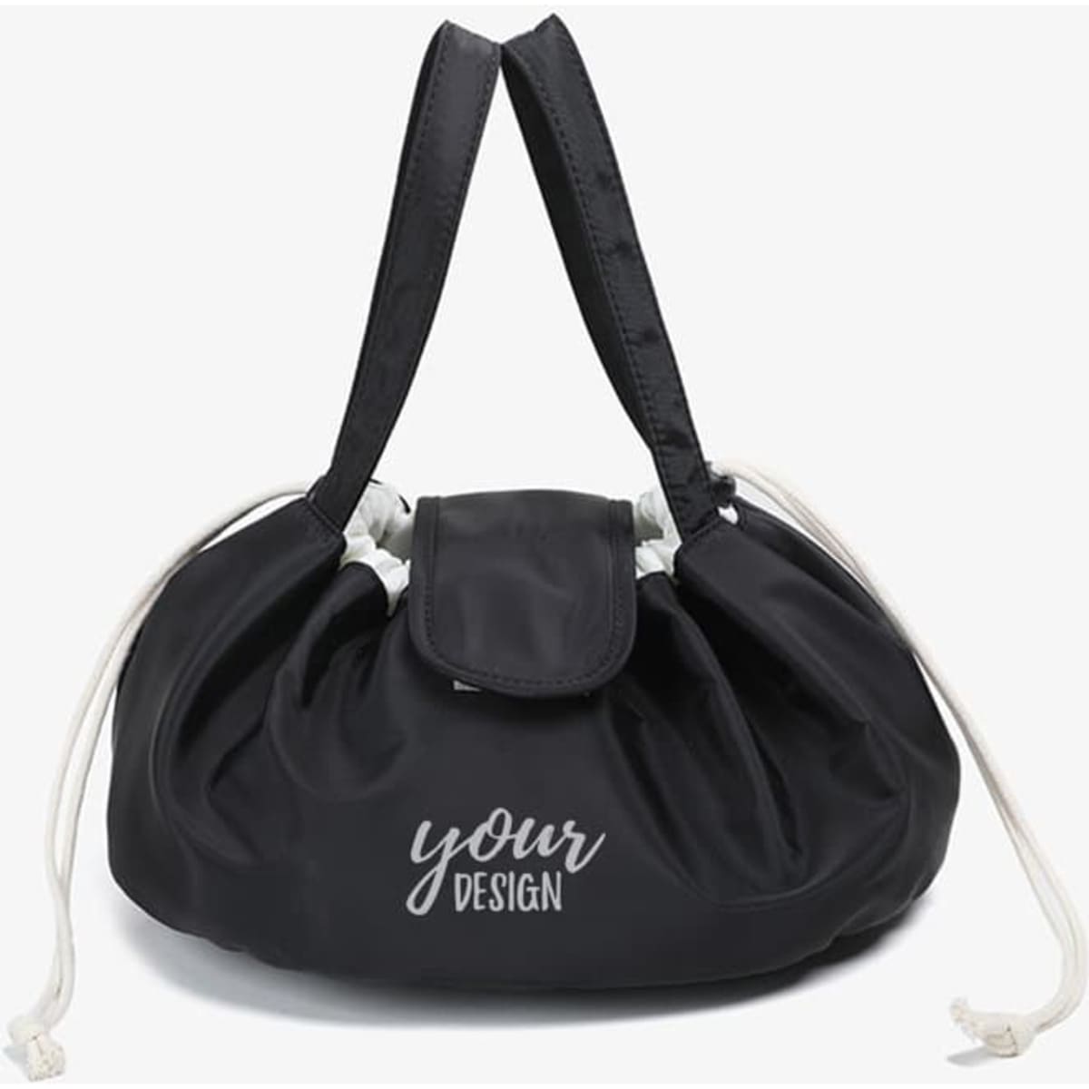 A large black drawstring makeup bag with two handles and a flap closure, featuring a logo.