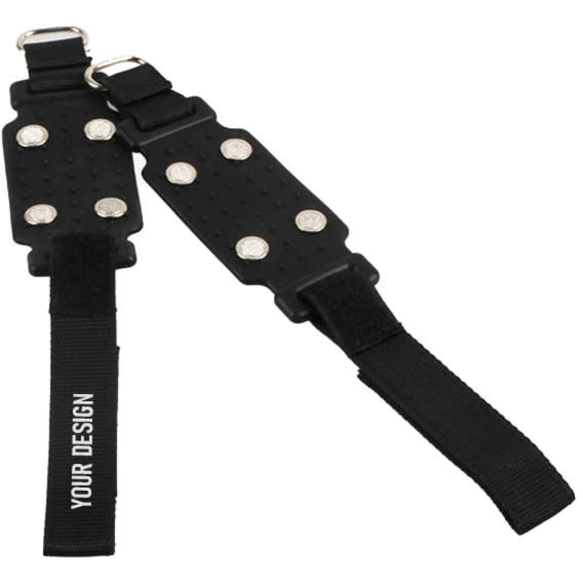 A pair of black customisable straps with silver fasteners and rubber grip surfaces, featuring a branding area.