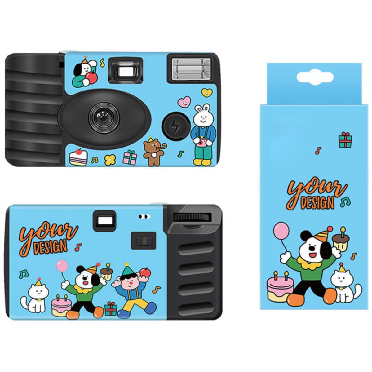 A custom disposable camera in blue featuring playful cartoon designs and a branded packaging with slots for customised graphics.