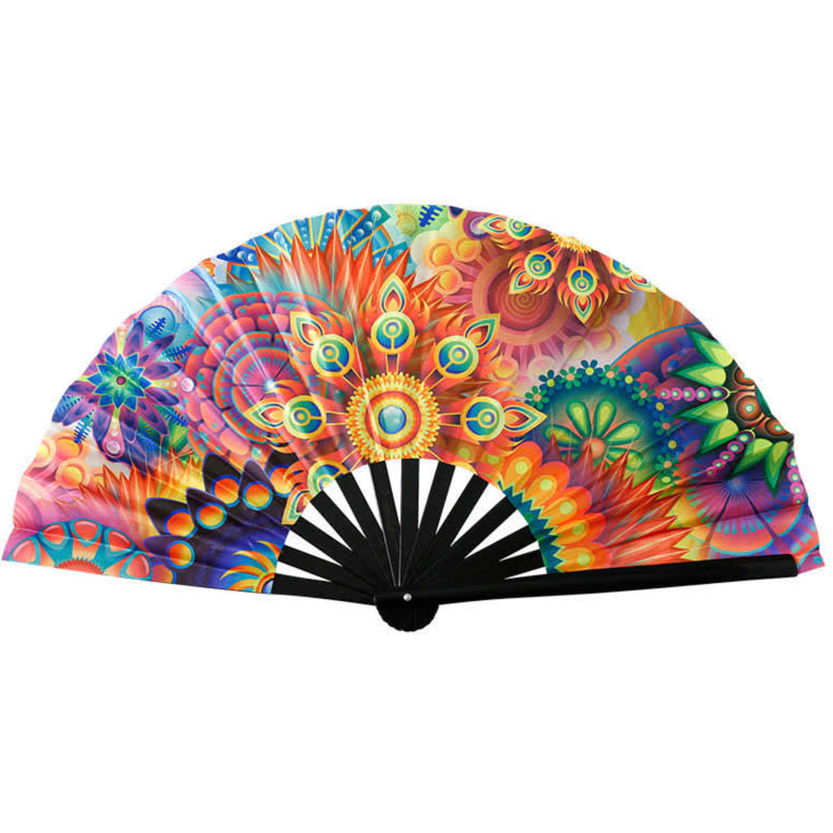 A vibrant, multi-coloured folding fan with intricate floral patterns and a black handle.