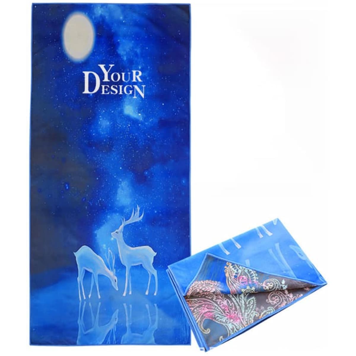 A custom microfiber beach towel featuring a blue design with a night sky and silhouette of deer, alongside a folded patterned towel.
