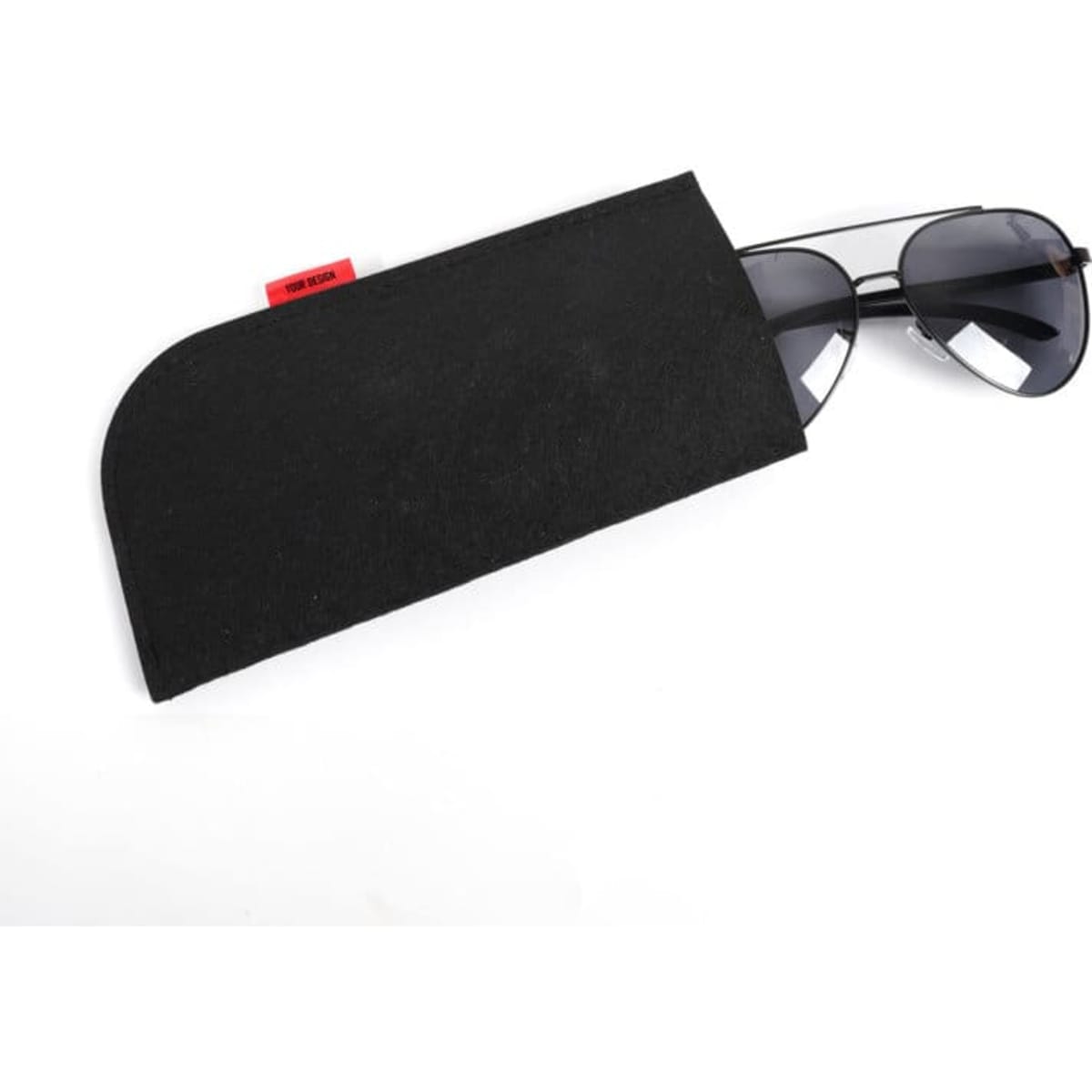 Polarised sunglasses in a black felt storage bag, featuring dark lenses and a simple design.