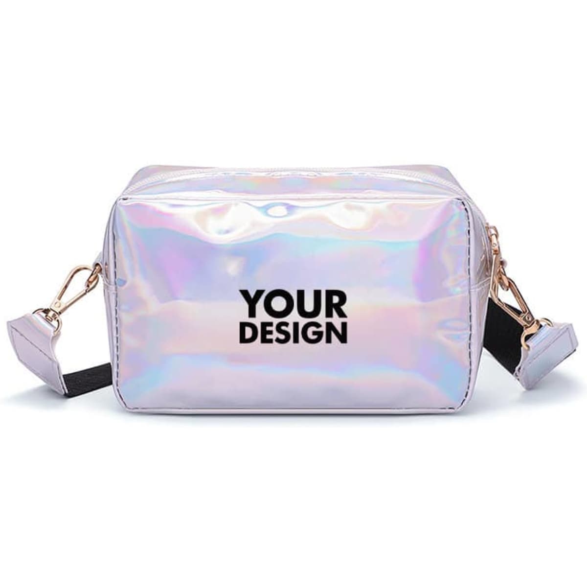 A small holographic crossbody bag in pastel tones with black accents and a branding logo.