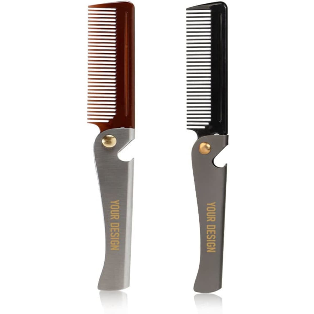 A stainless steel beard comb set featuring a brown and a black comb, each with a gold accent and branding.