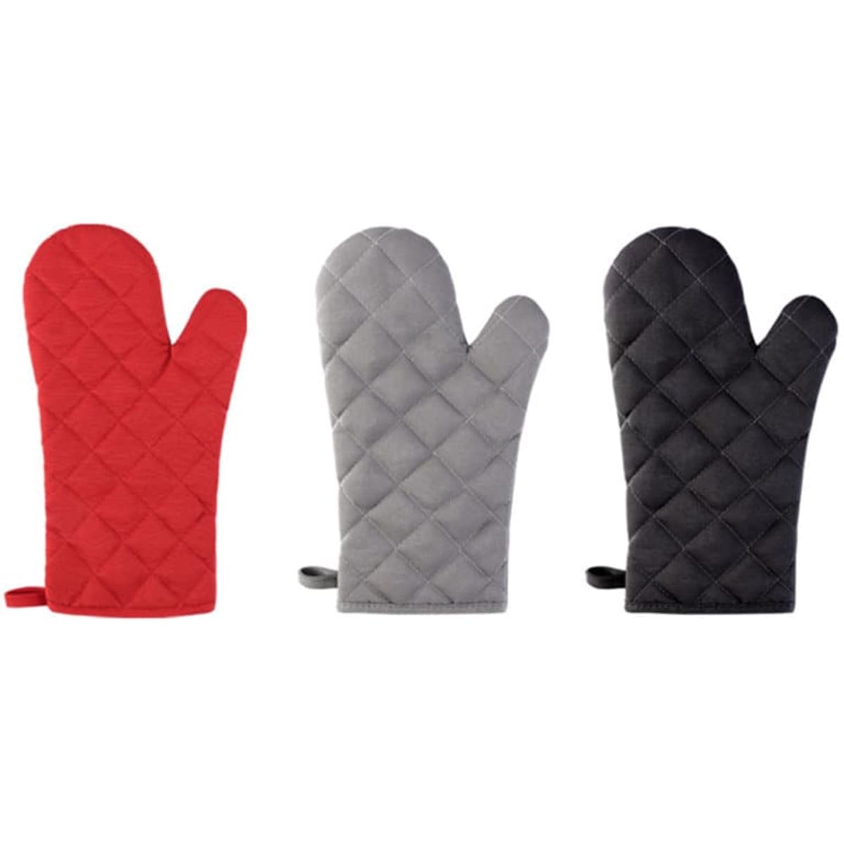 Three quilted oven mitts in red, grey, and black, each with a hanging loop and a textured surface.