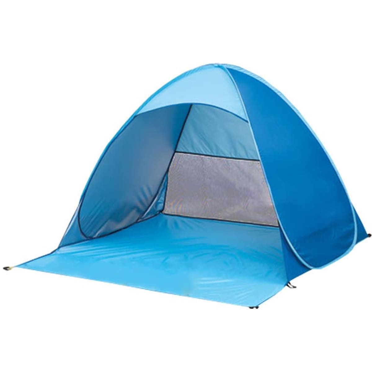 A portable beach tent in blue, featuring a spacious interior and mesh panels for ventilation. It includes a branded logo.