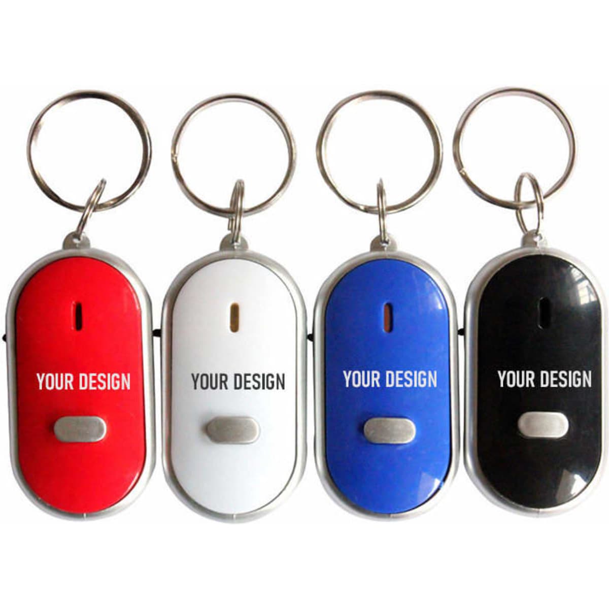 A set of four portable key finders in red, white, blue, and black, each with a keyring attachment.