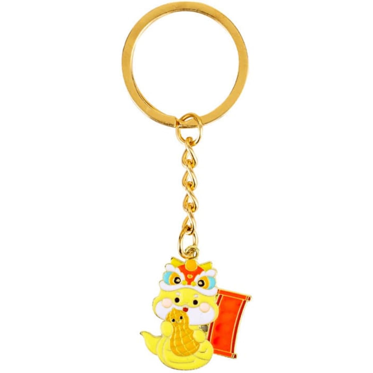 A yellow metal keychain featuring a decorative lion design and a small scroll, attached to a gold keyring.