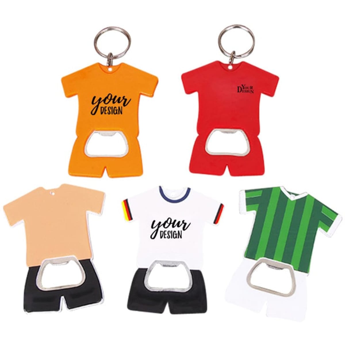 A drink bottle opener keychain set featuring five shirt-shaped designs in orange, beige, white, and green with black shorts.