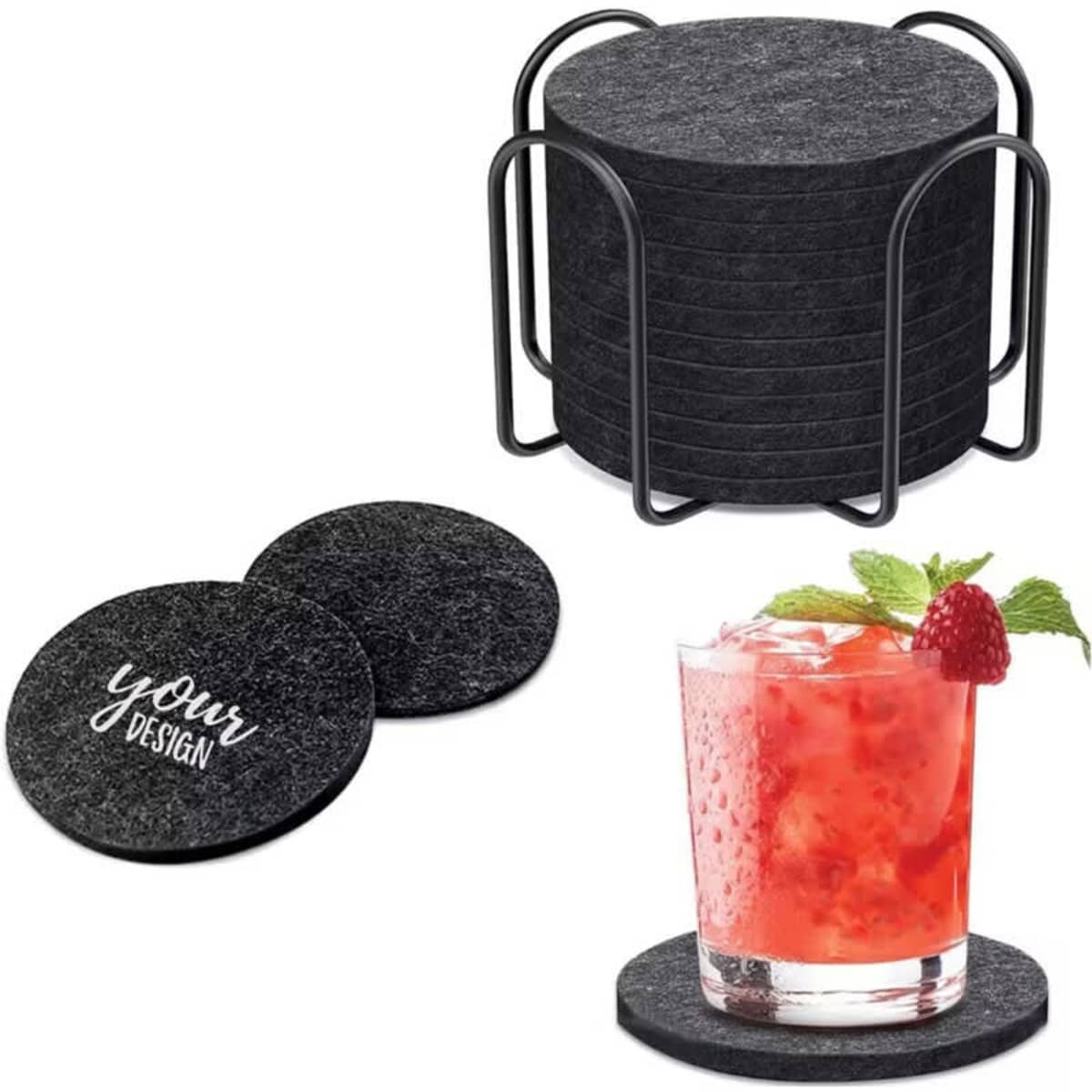 A set of round black felt coasters in a metal holder, with a drink placed on one coaster.