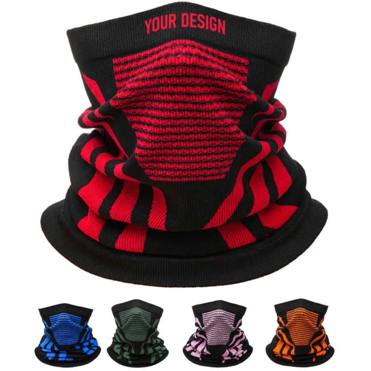 A personalised windproof neck gaiter with a striking red and black design, available in various colours. Features a logo.