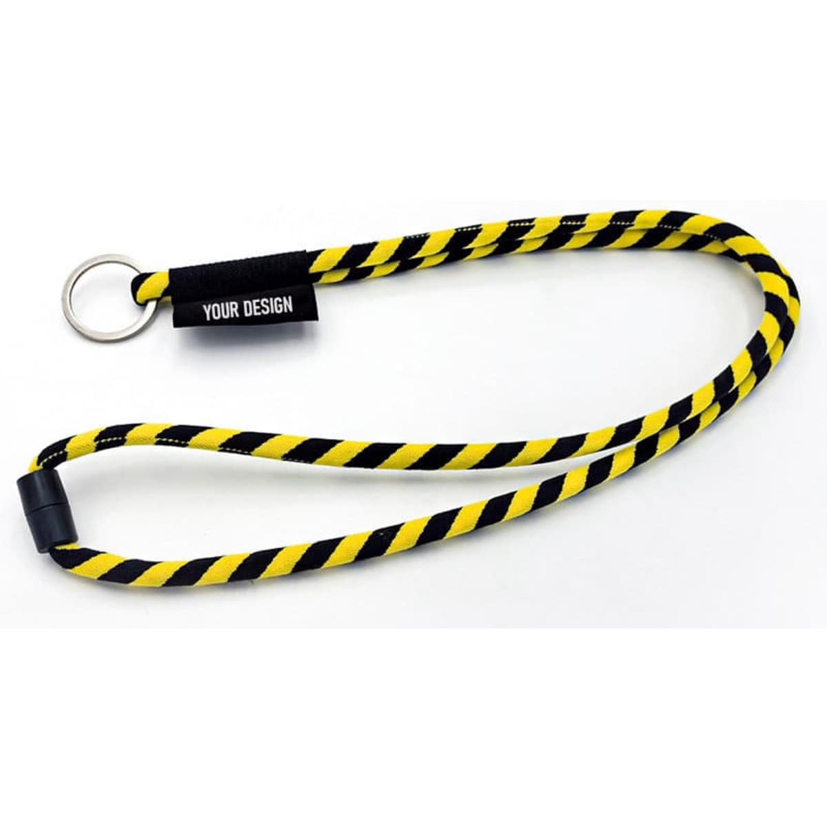 A customizable long lanyard featuring a braided black and yellow design, complete with a key ring attachment.