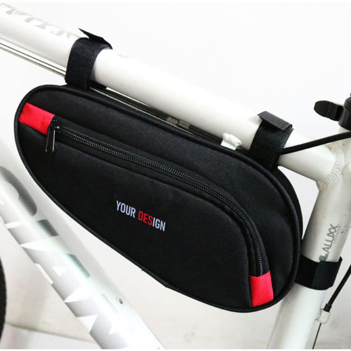 A custom bike triangle bag in black with red accents, featuring a zippered pocket and a branding area.