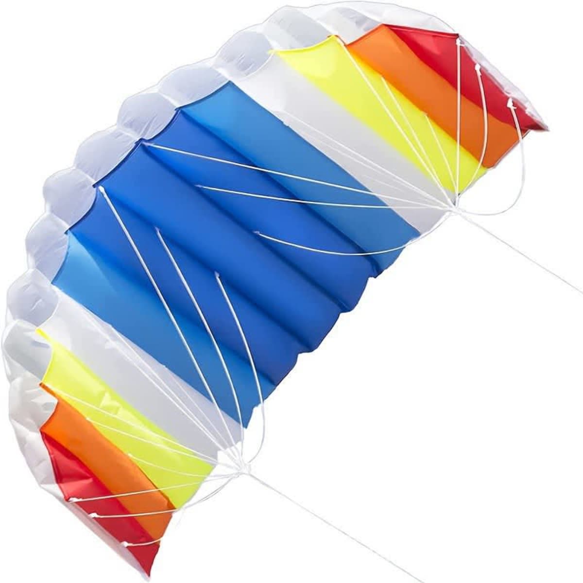 A custom dual-line parafoil kite featuring vibrant stripes of blue, orange, yellow, and white, with a logo present.