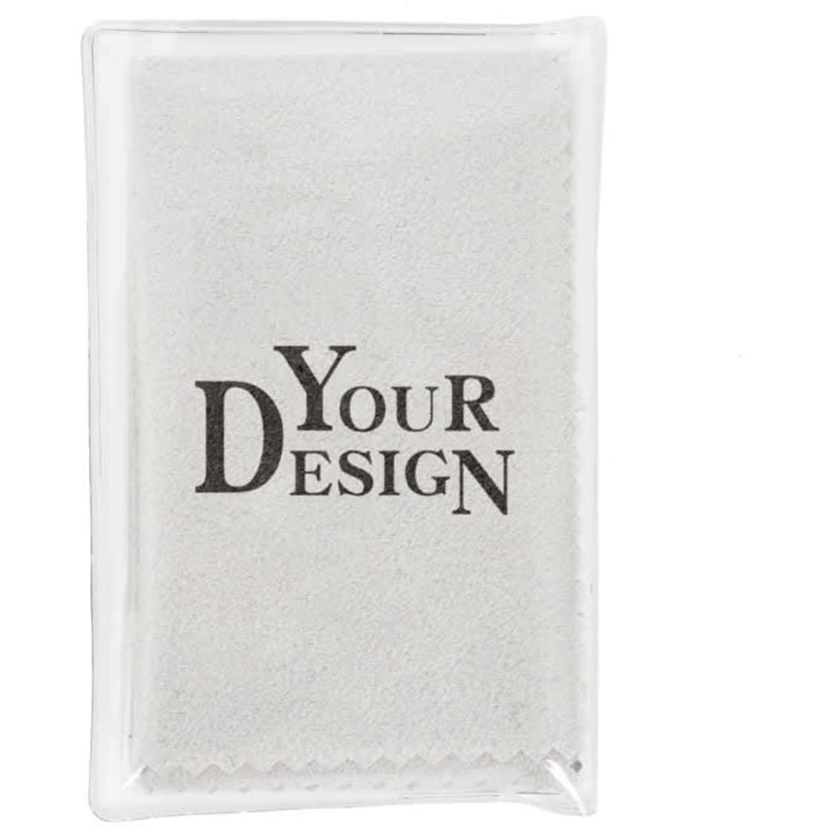 A white cleaning polishing cloth in a transparent storage bag, featuring a logo or branding design.