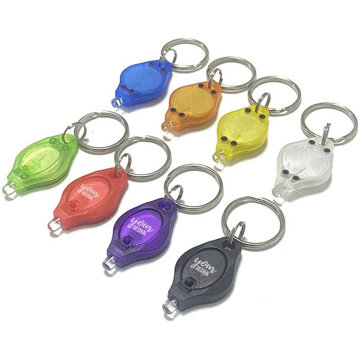 A set of mini LED keychain flashlights in various colours, each attached to a metal keyring and featuring a logo.