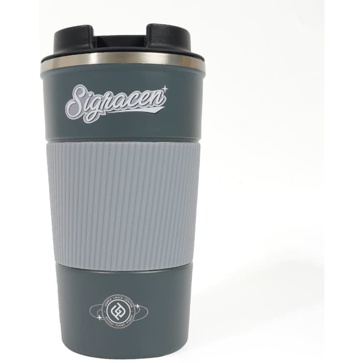 A stainless steel coffee cup in dark green and grey with a textured grip and a logo.