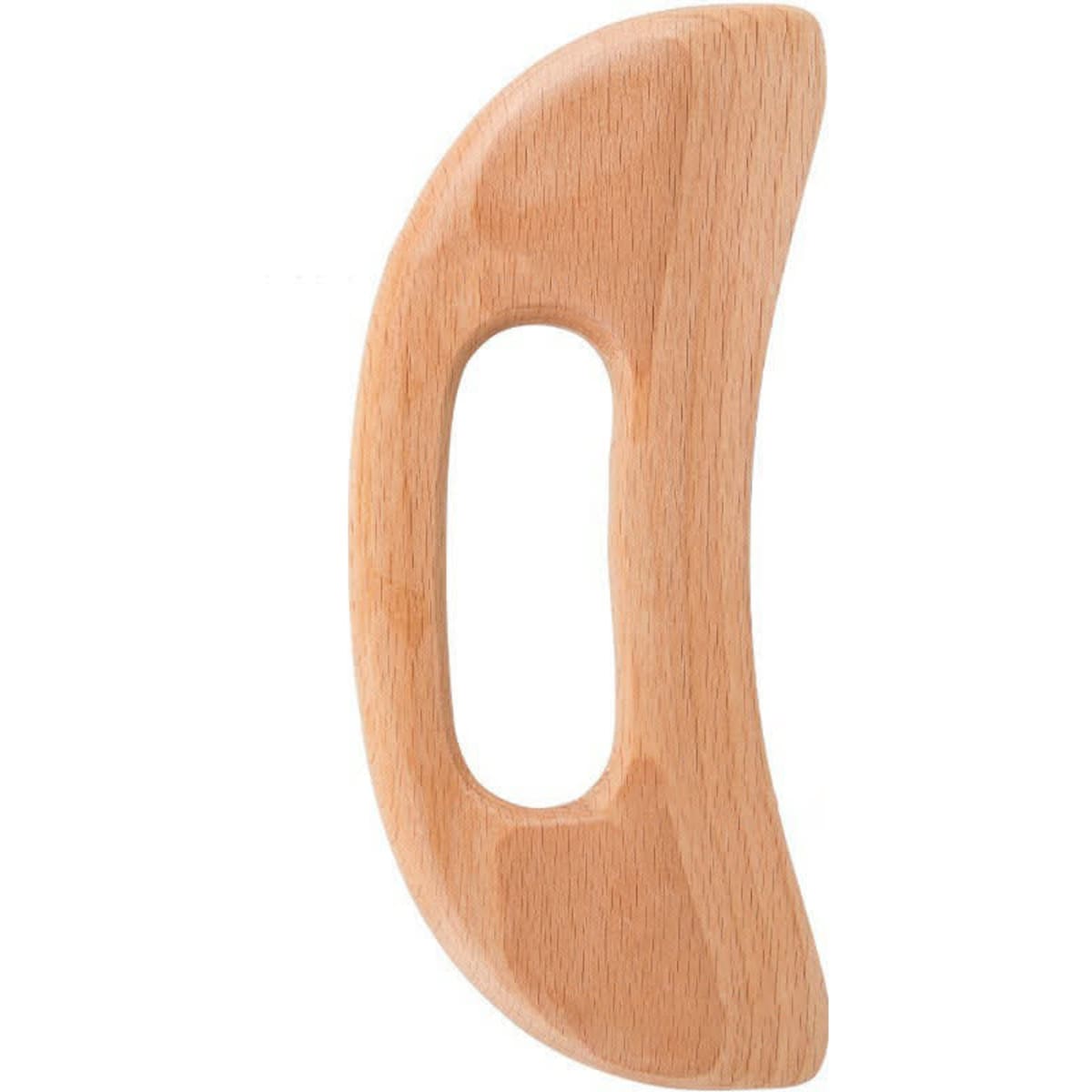 A wooden guasha board in a natural light wooden finish with an ergonomic handle design. It includes a logo.