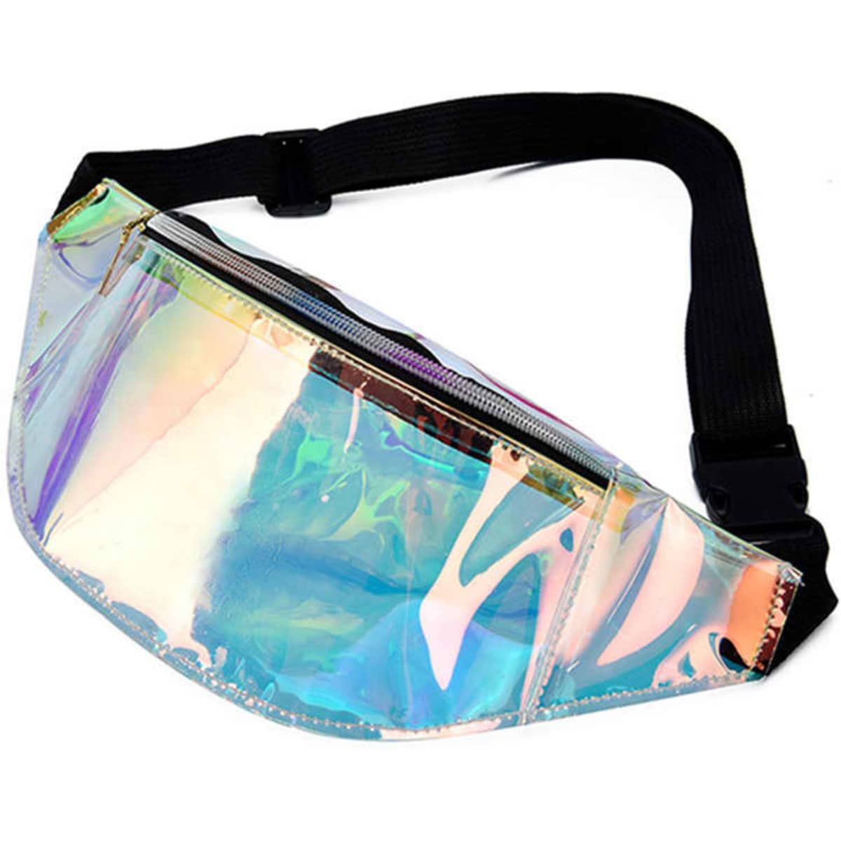 A holographic PVC waist bag with a black strap, featuring a zippered compartment.