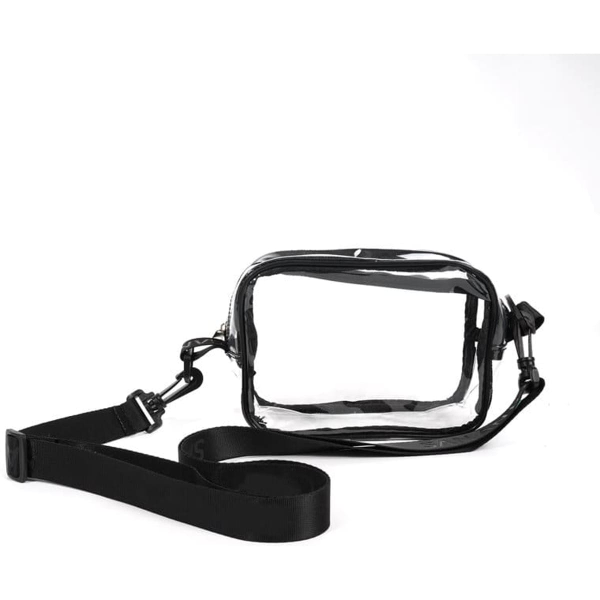 A clear PVC cross body bag with a black strap and a logo, featuring a rectangular shape and a transparent body.