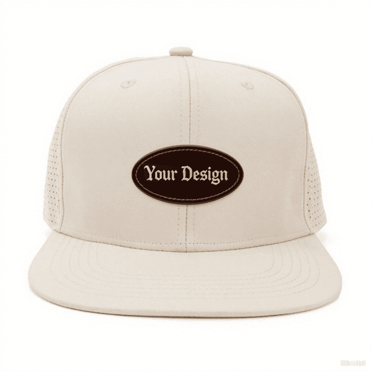 A beige embroidered sports snapback hat featuring a logo in the centre. The hat has a mesh design on the sides.