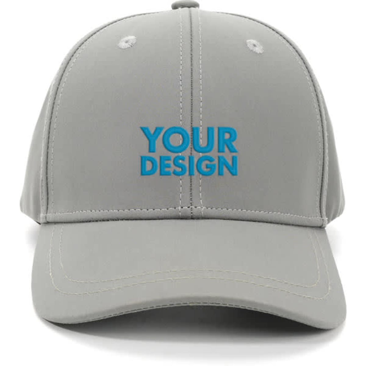 A grey baseball cap featuring a customizable logo on the front. Suitable for various headwear styles.