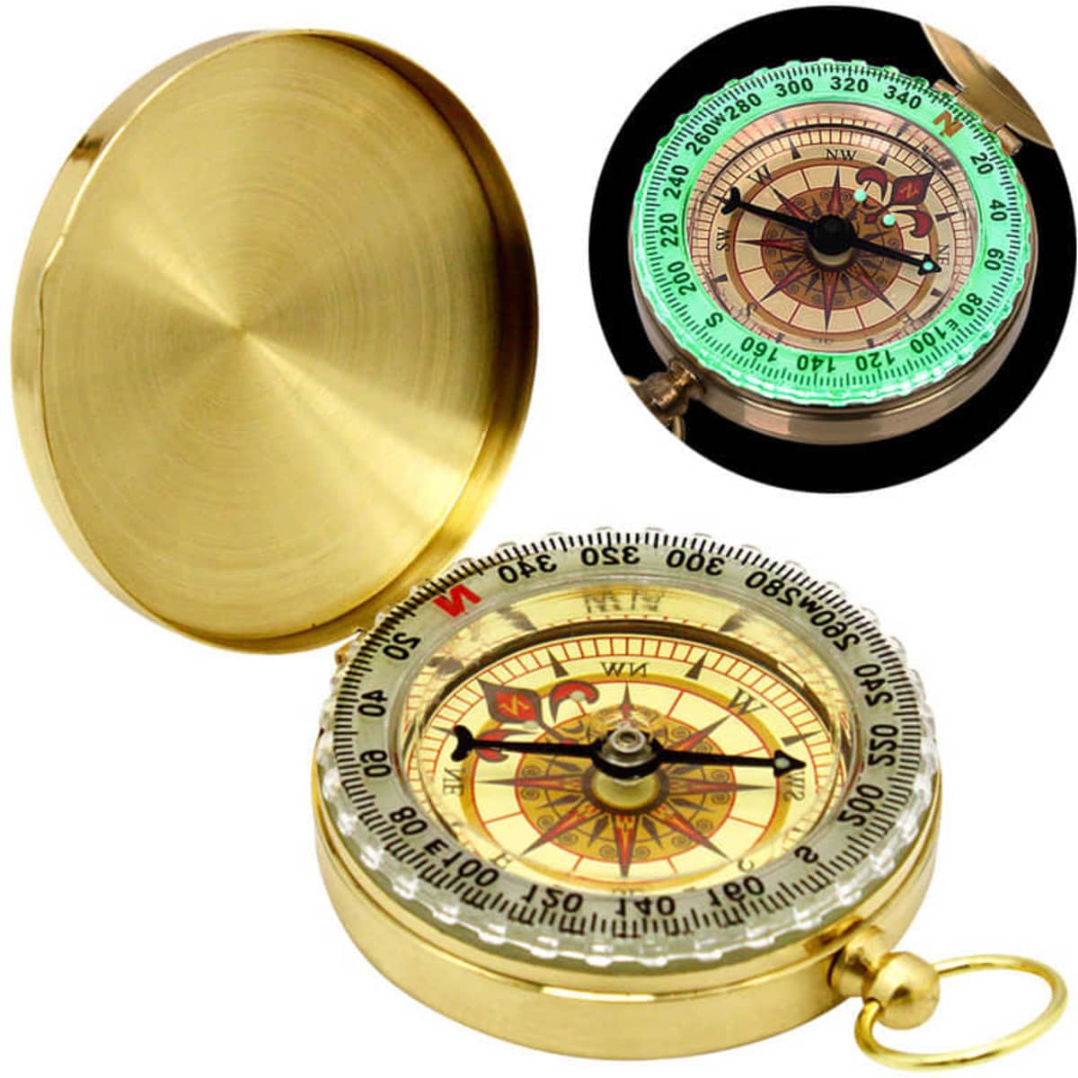 A brass portable compass with a luminous dial, featuring a decorative design and a hinged lid.