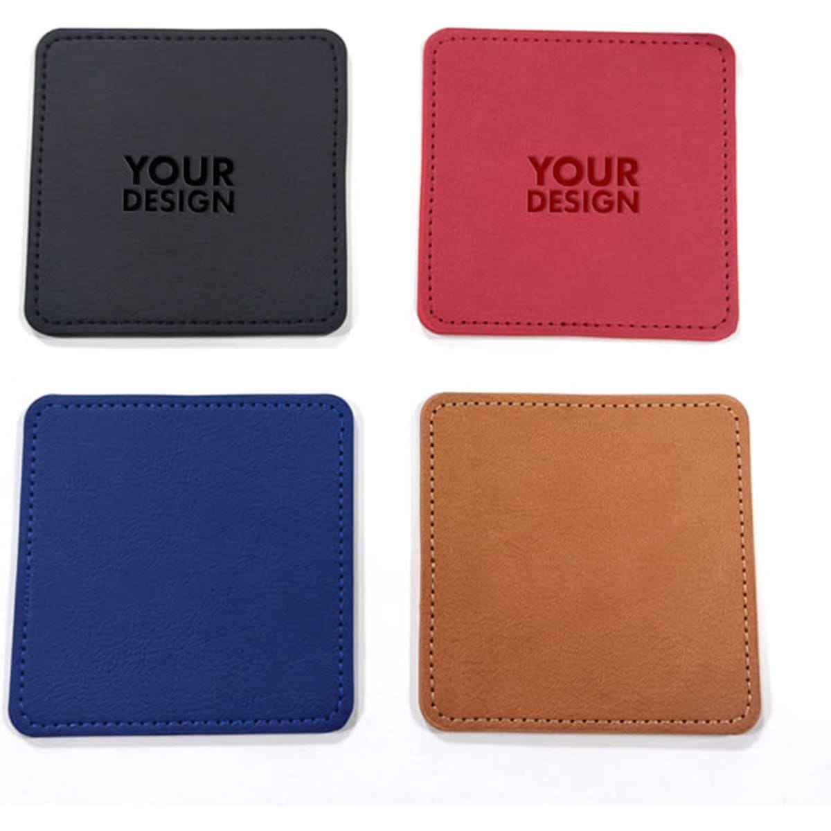 Four PU leather coasters in black, red, blue, and brown featuring a branding logo.