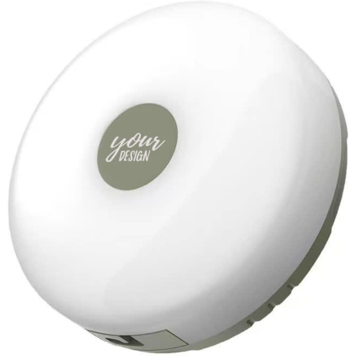 A portable camping string light in white with a grey centre, featuring a logo in the middle.