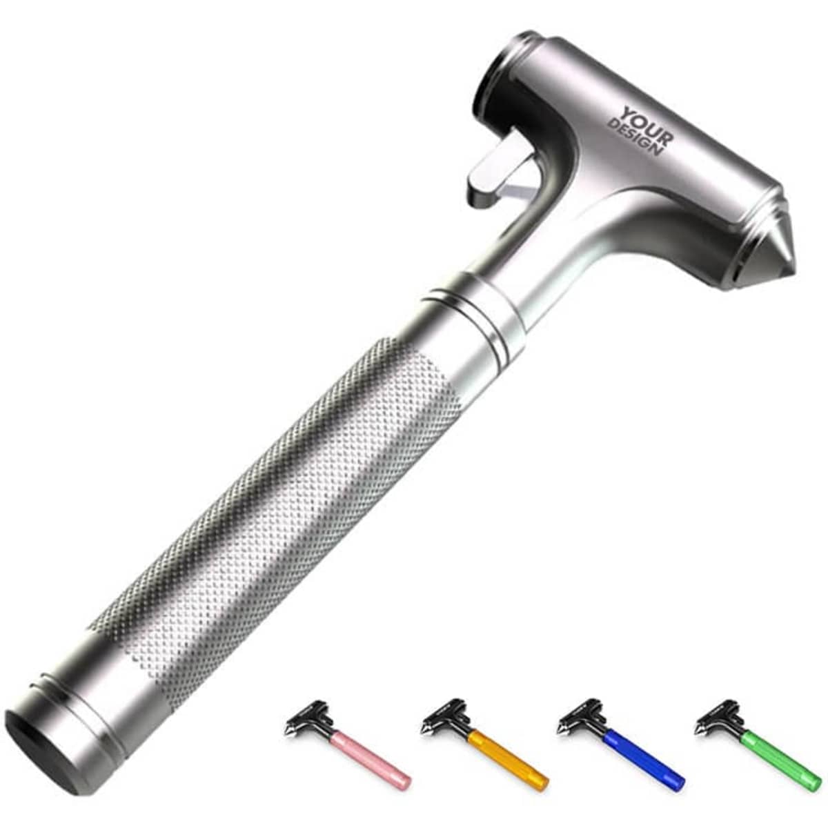 A multi-functional car safety hammer in silver with a textured grip, featuring a logo. Available in pink, yellow, and green.