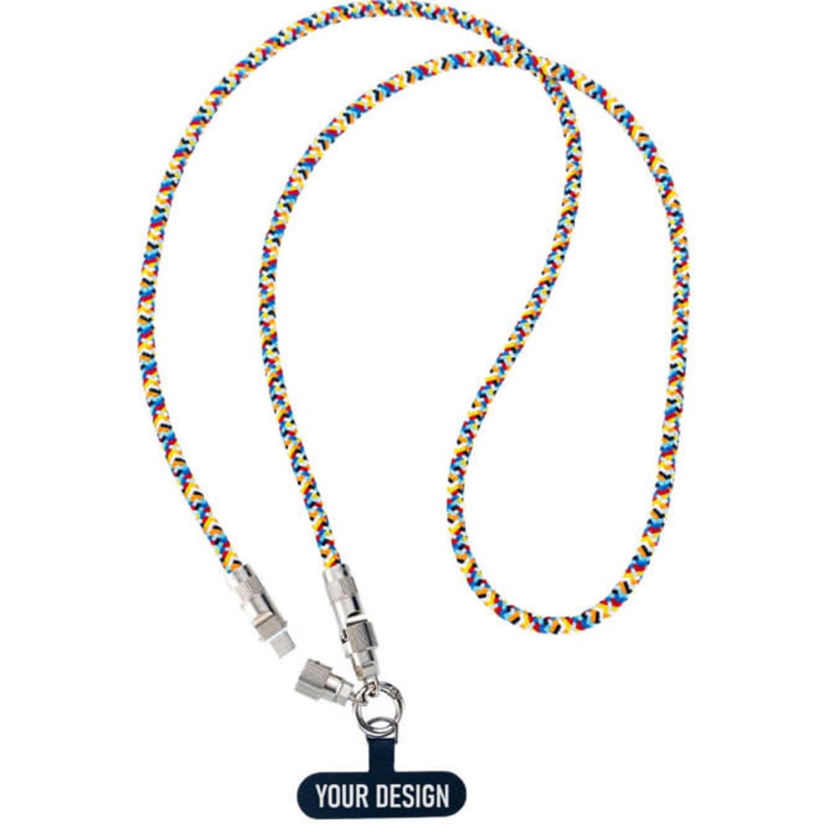 A colourful lanyard charging cable with connectors at both ends and a space for custom branding.