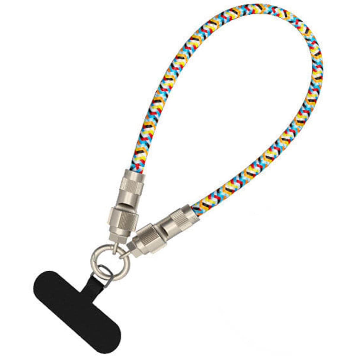 A multi-functional charging cable wrist lanyard featuring a colourful braided design with silver connectors and a black attachment.
