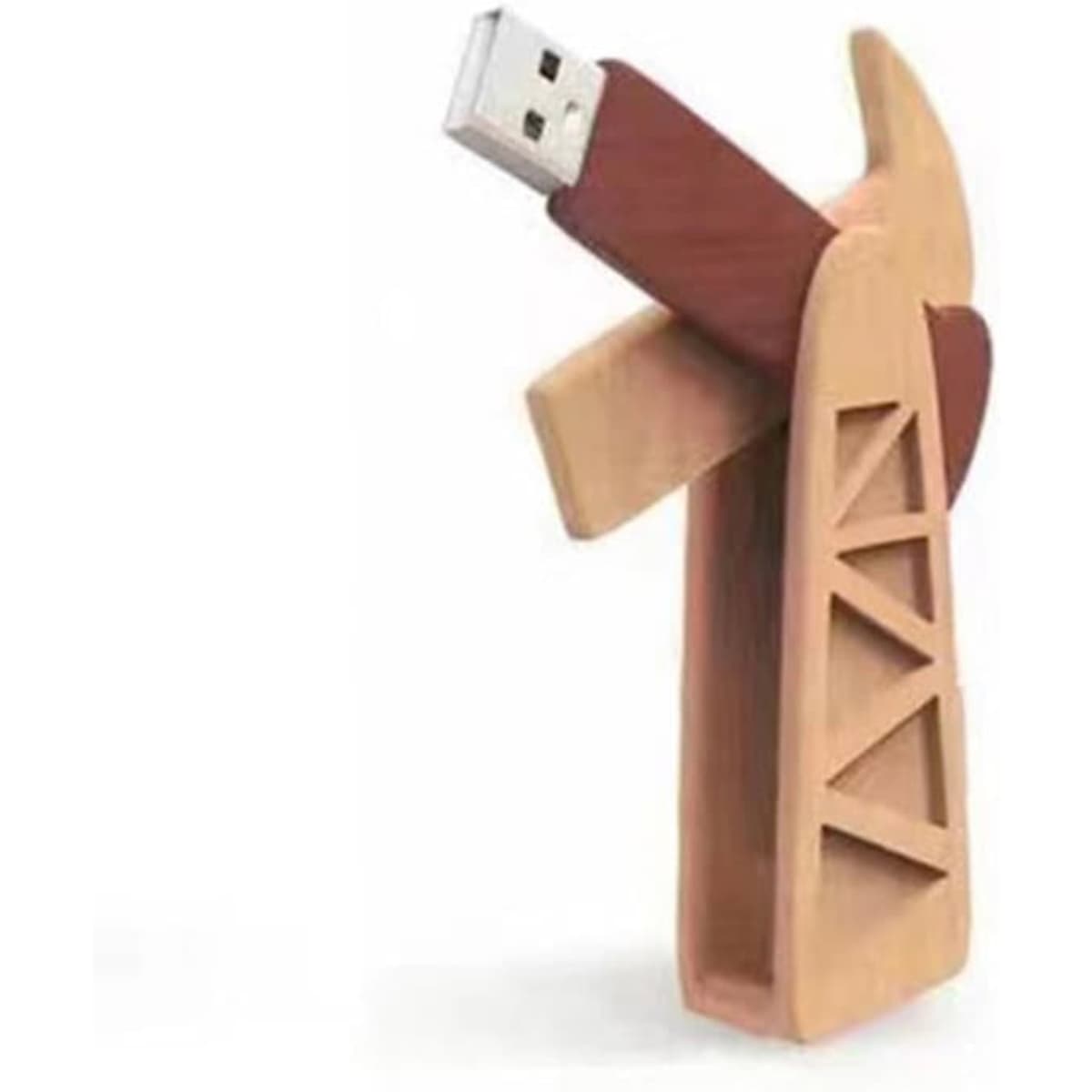 A wooden USB flash drive shaped like a pumping unit, featuring brown and beige colours, with a simplistic design and logo.