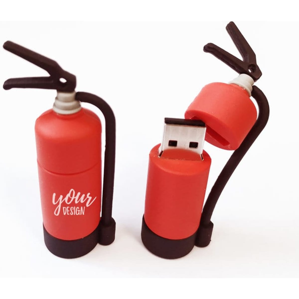 A red fire extinguisher-shaped USB flash drive with a removable cap and a black base, featuring a logo.