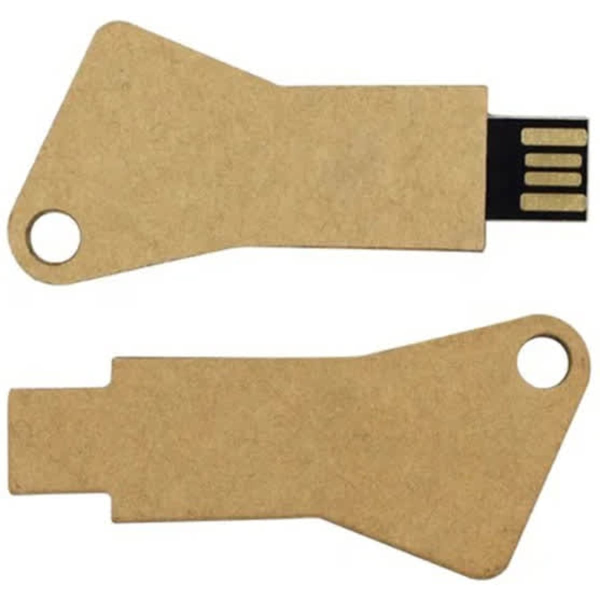 A biodegradable USB flash drive in a tan colour, featuring a unique key-like design and a logo.