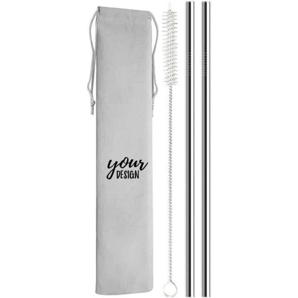 A set of reusable stainless steel straws in silver, accompanied by a cleaning brush and a storage pouch with a logo.