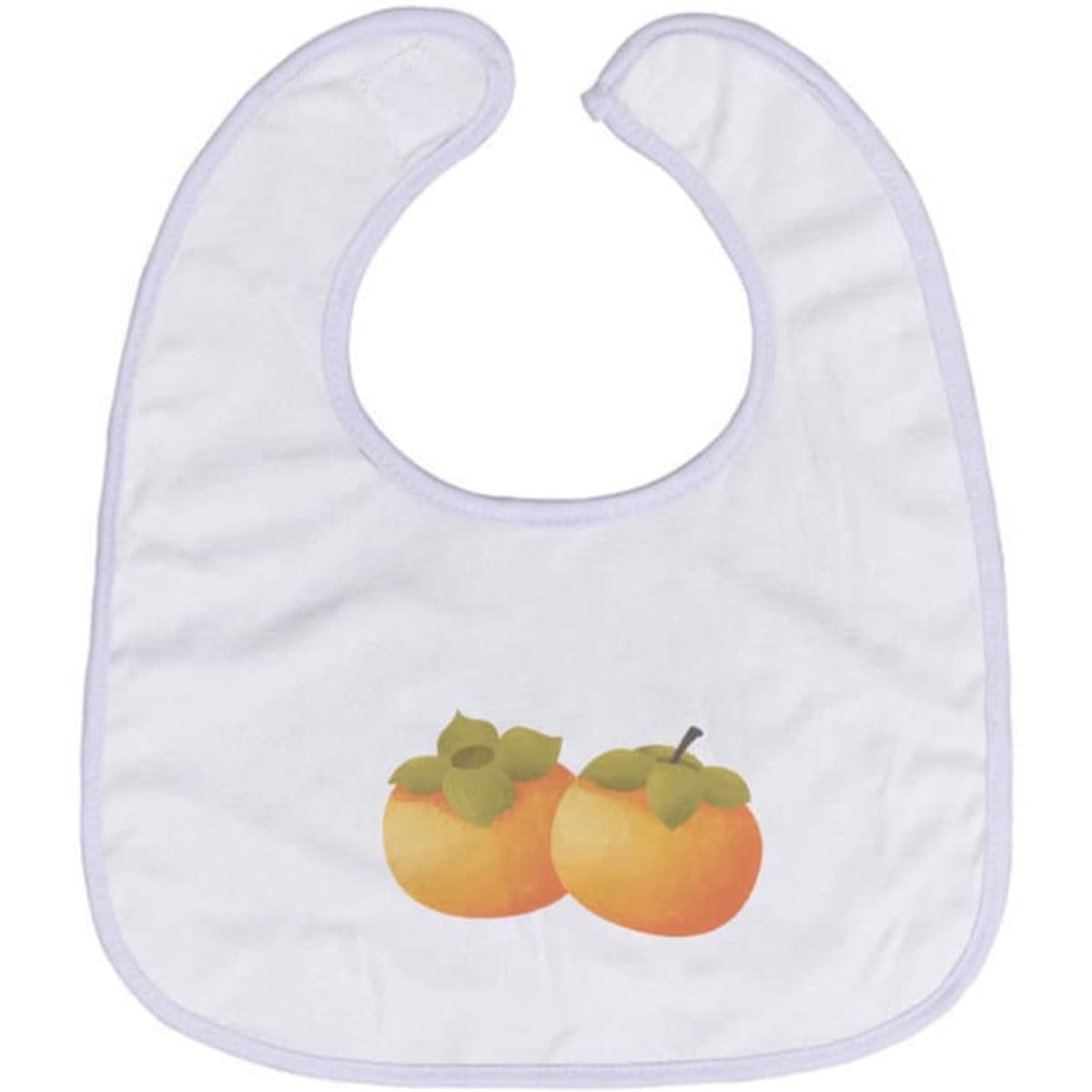 A white baby bib with a light purple trim featuring a design of two orange fruits with green leaves.
