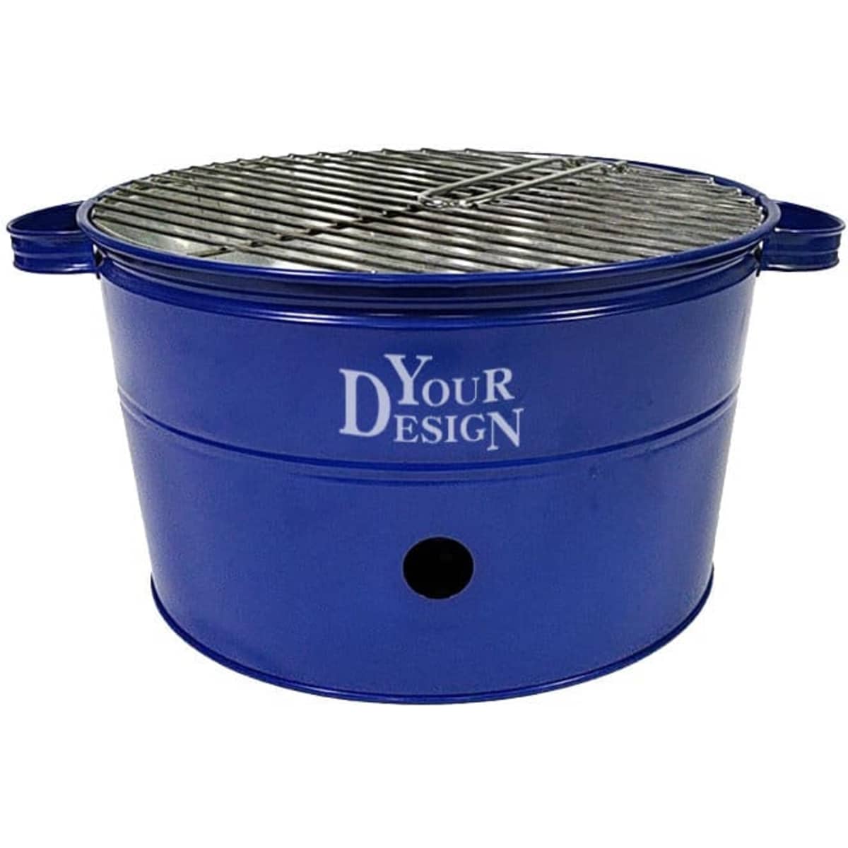 A blue portable barbecue bucket with a metal grill top and circular design. It features a branding area on the side.