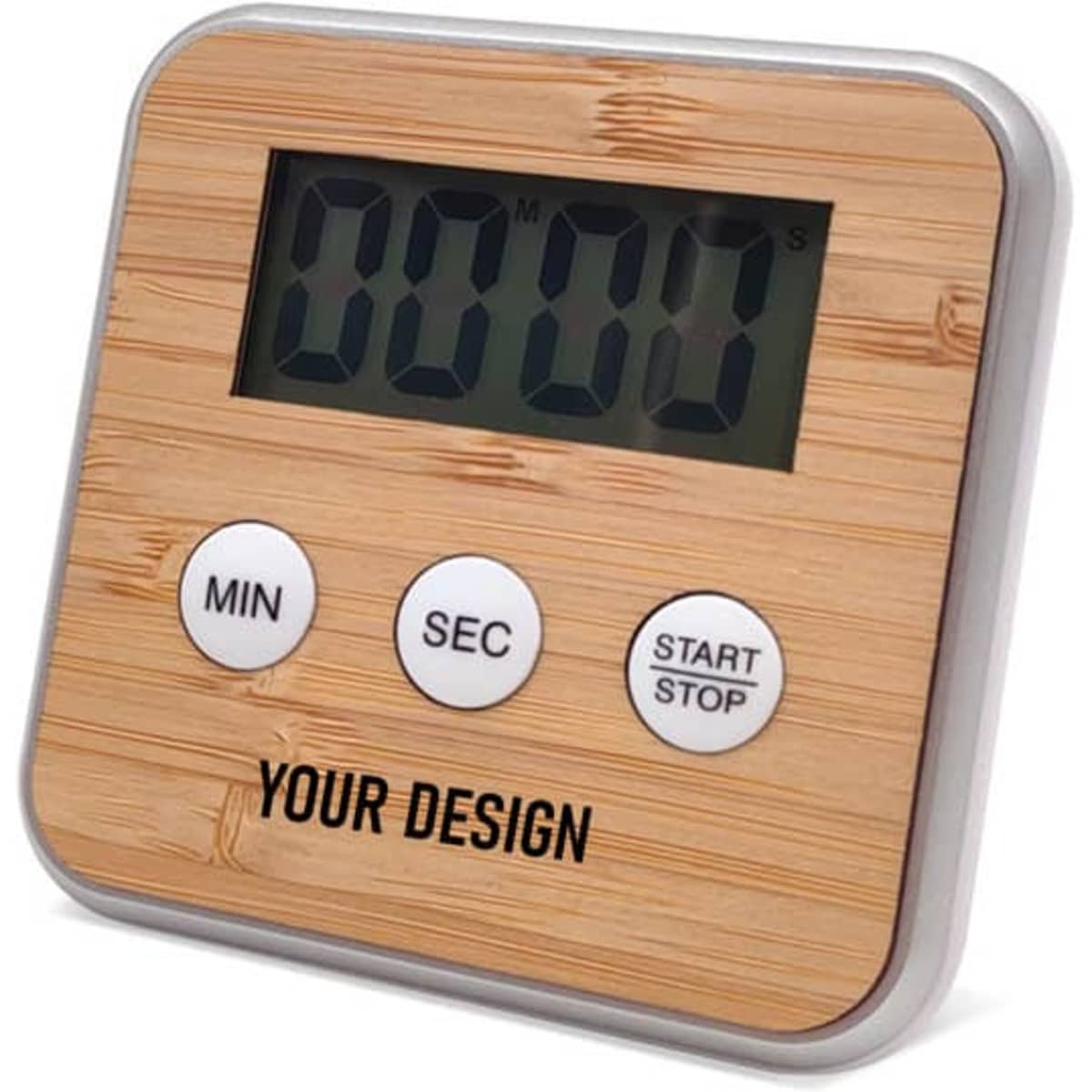 A bamboo-style electronic kitchen timer featuring a large digital display and three control buttons.