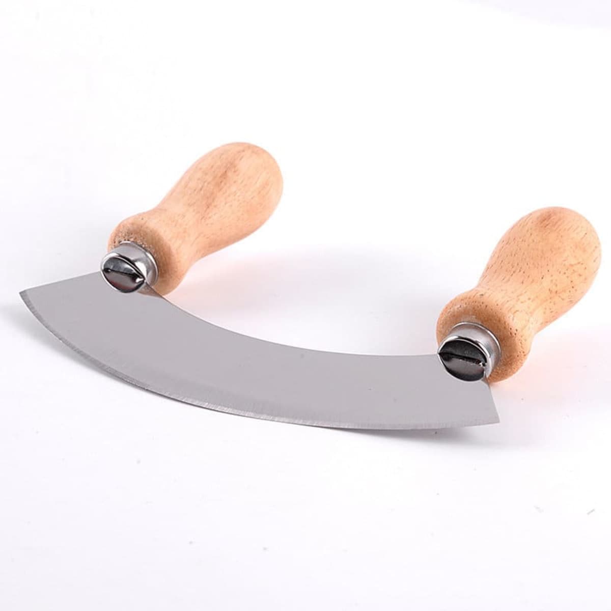 A stainless steel mezzaluna chopper with wooden handles, featuring a curved blade for chopping.