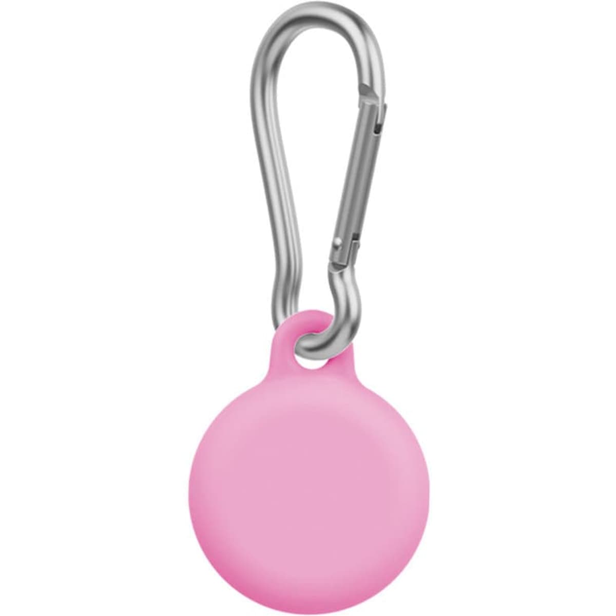 A pink protective cover for a location tracker, featuring a metal carabiner for attachment.