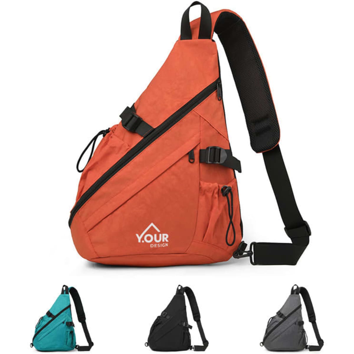 An orange casual crossbody sling bag with a logo, featuring multiple compartments and adjustable straps.