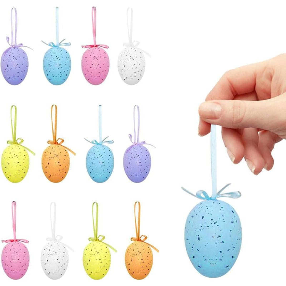 A collection of decorative hanging Easter eggs in various colours, including blue, pink, yellow, and white, with speckled designs.