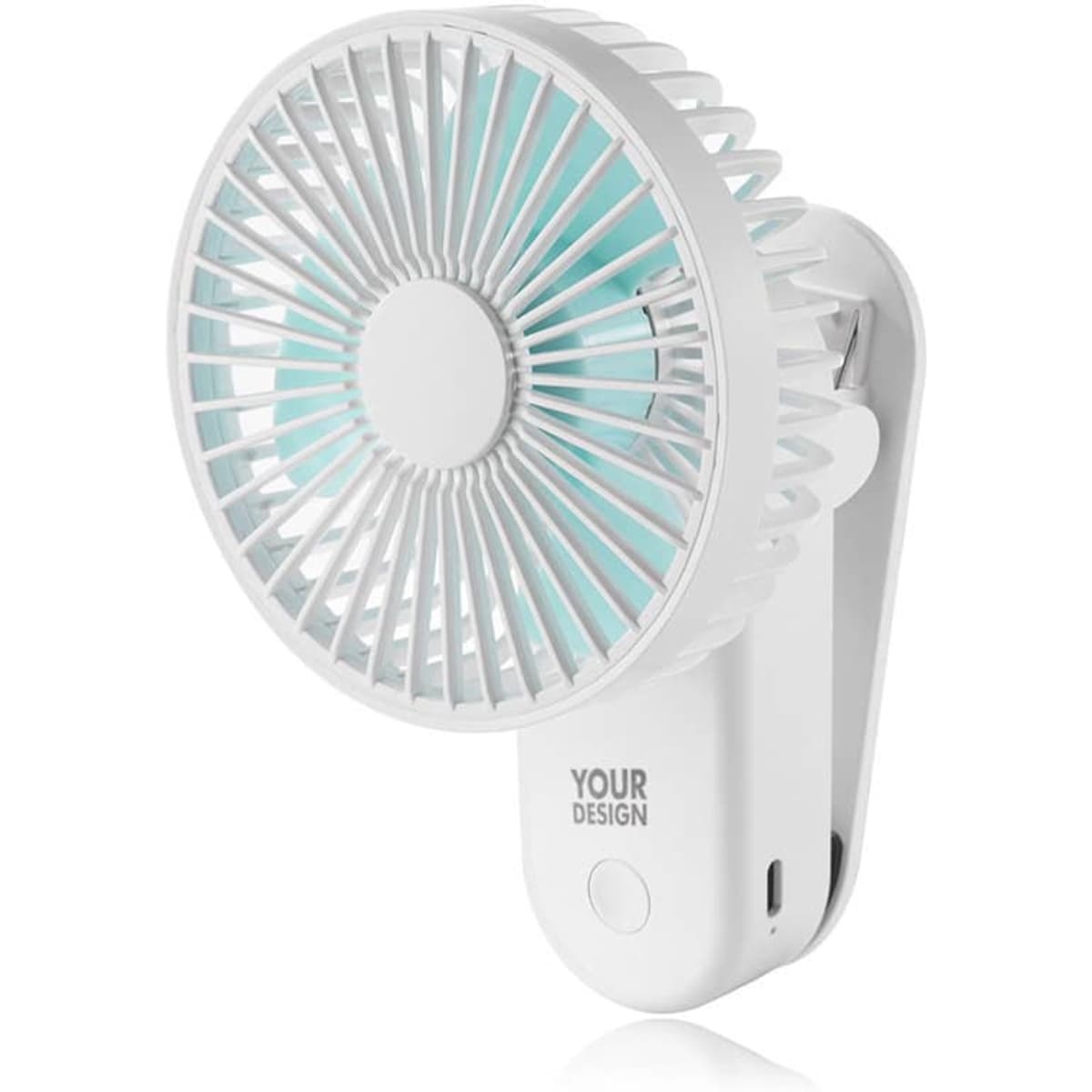 A portable USB desk fan with a magnetic clip, featuring a white design and a light blue interior.