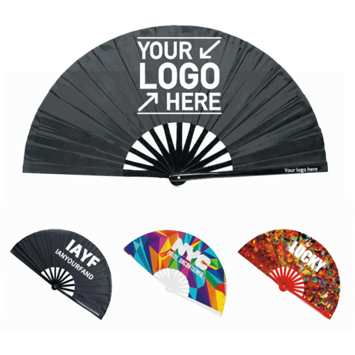 A large folding hand fan in various designs, including black, colourful patterns, and sparkly red. Features logos.