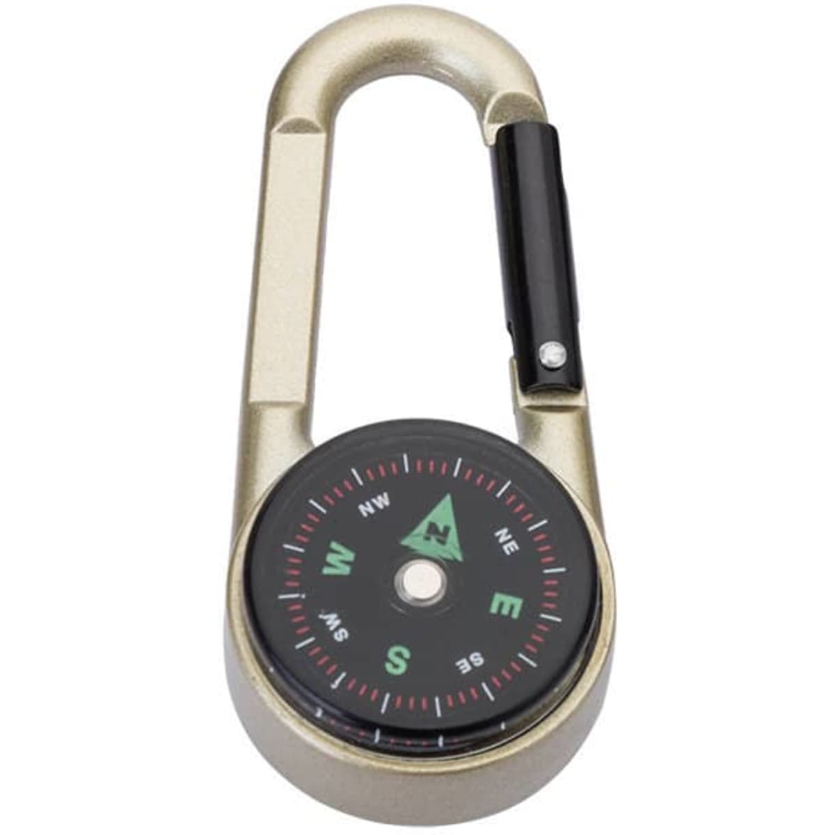 A zinc alloy carabiner with a compass, featuring a gold finish and a black compass dial with cardinal directions.