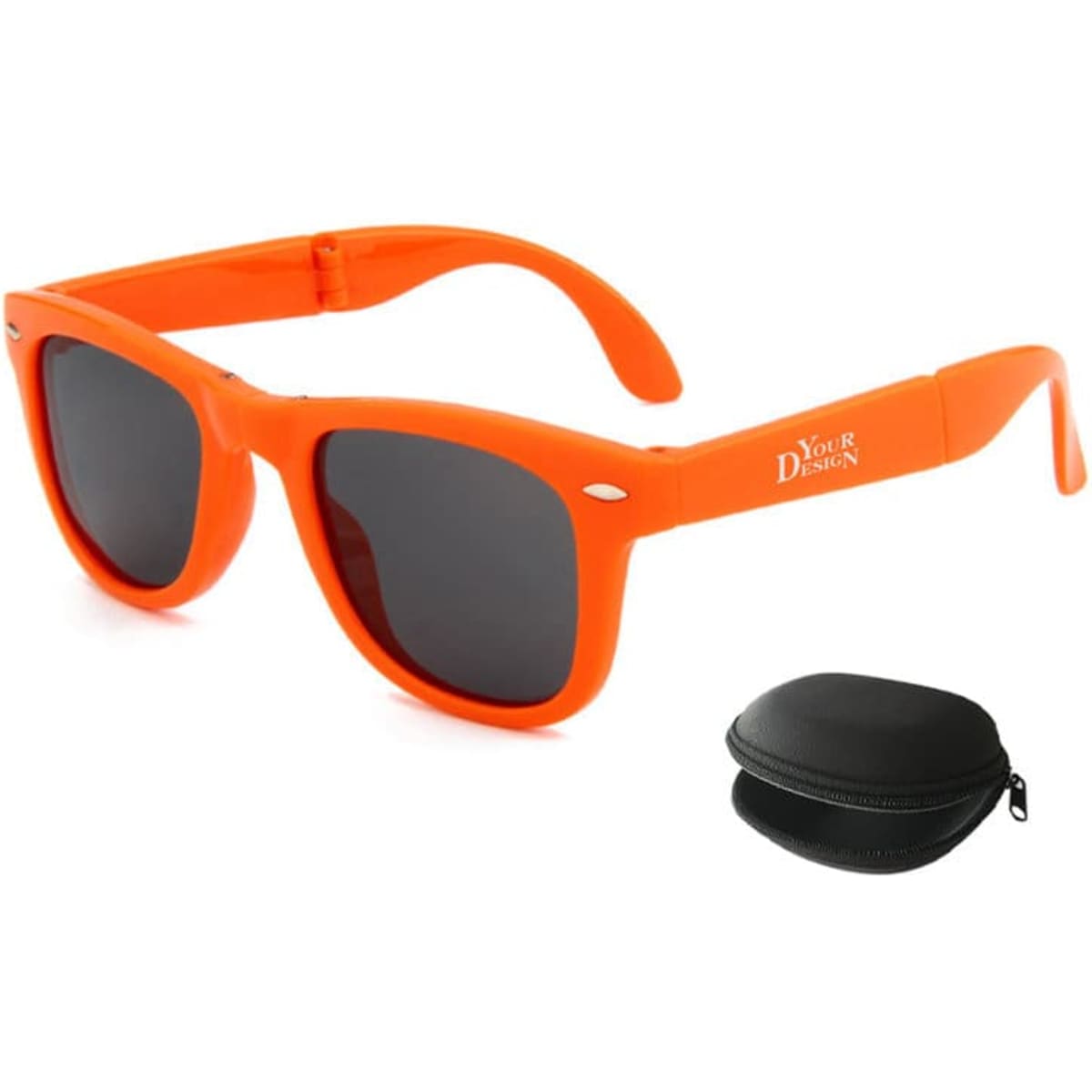 A pair of vibrant orange foldable sunglasses with grey lenses and a black protective case.